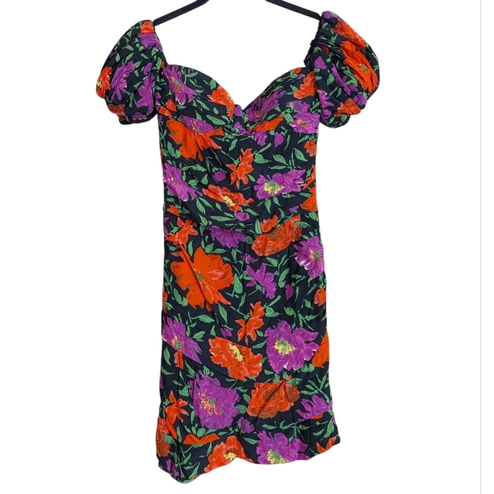 Zara Floral Puff Sleeve Mini Dress XS | Sweetheart Neck Ruched Bodycon Summer - Picture 5 of 11